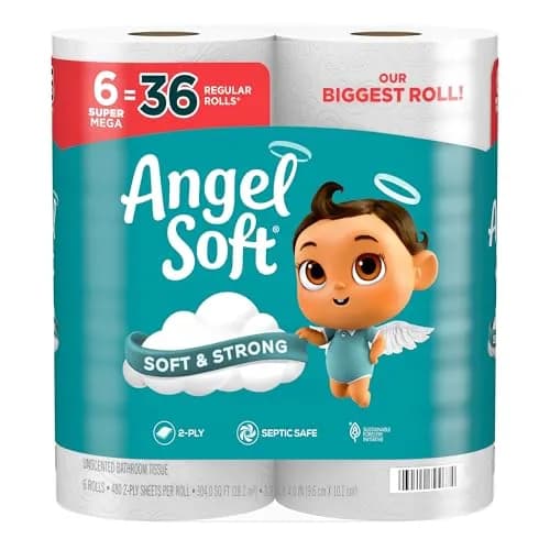 Angel Soft Toilet Paper 6 Super Mega Rolls (2880 Sheets Total) | Soft, Strong, Septic Safe thumbnail 1