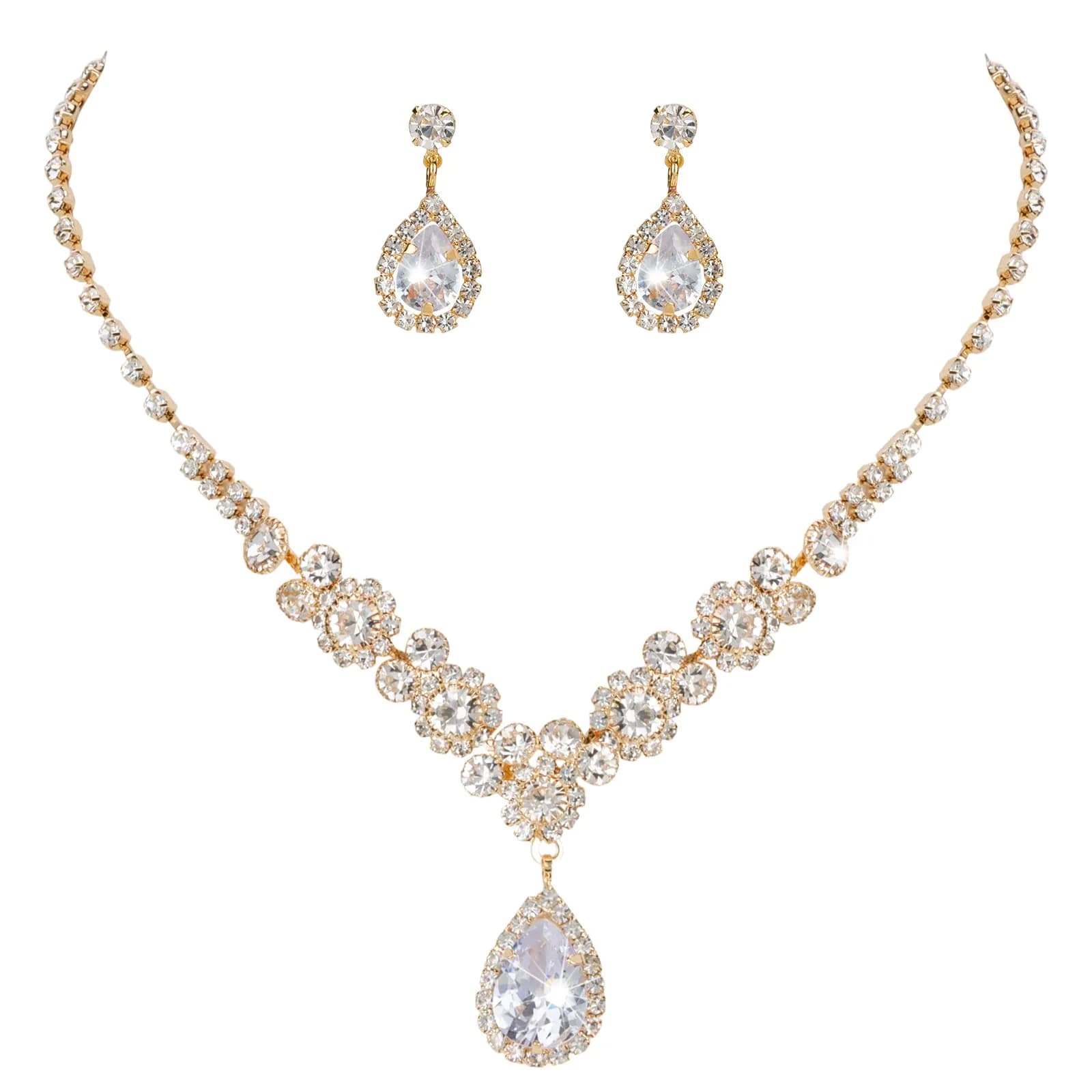 COCIDE Bride Jewelry Set Silver Crystal Wedding Necklace Earrings Bridal Rhinestone Teardrop Pendant 45cm (17.71in) | Elegant Bridal Accessory