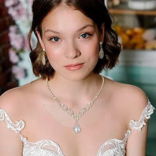 COCIDE Bride Jewelry Set Silver Crystal Wedding Necklace Earrings Bridal Rhinestone Teardrop Pendant 45cm (17.71in) | Elegant Bridal Accessory thumbnail 5