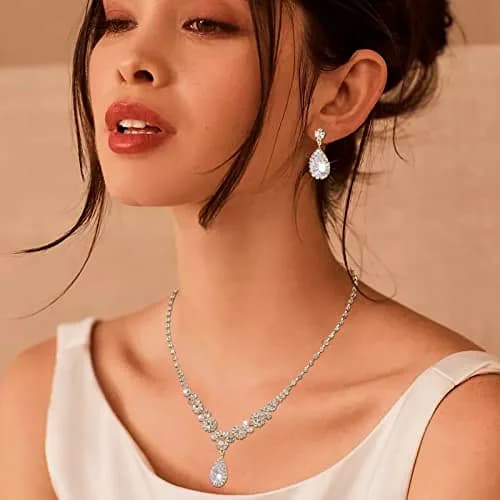 COCIDE Bride Jewelry Set Silver Crystal Wedding Necklace Earrings Bridal Rhinestone Teardrop Pendant 45cm (17.71in) | Elegant Bridal Accessory thumbnail 6
