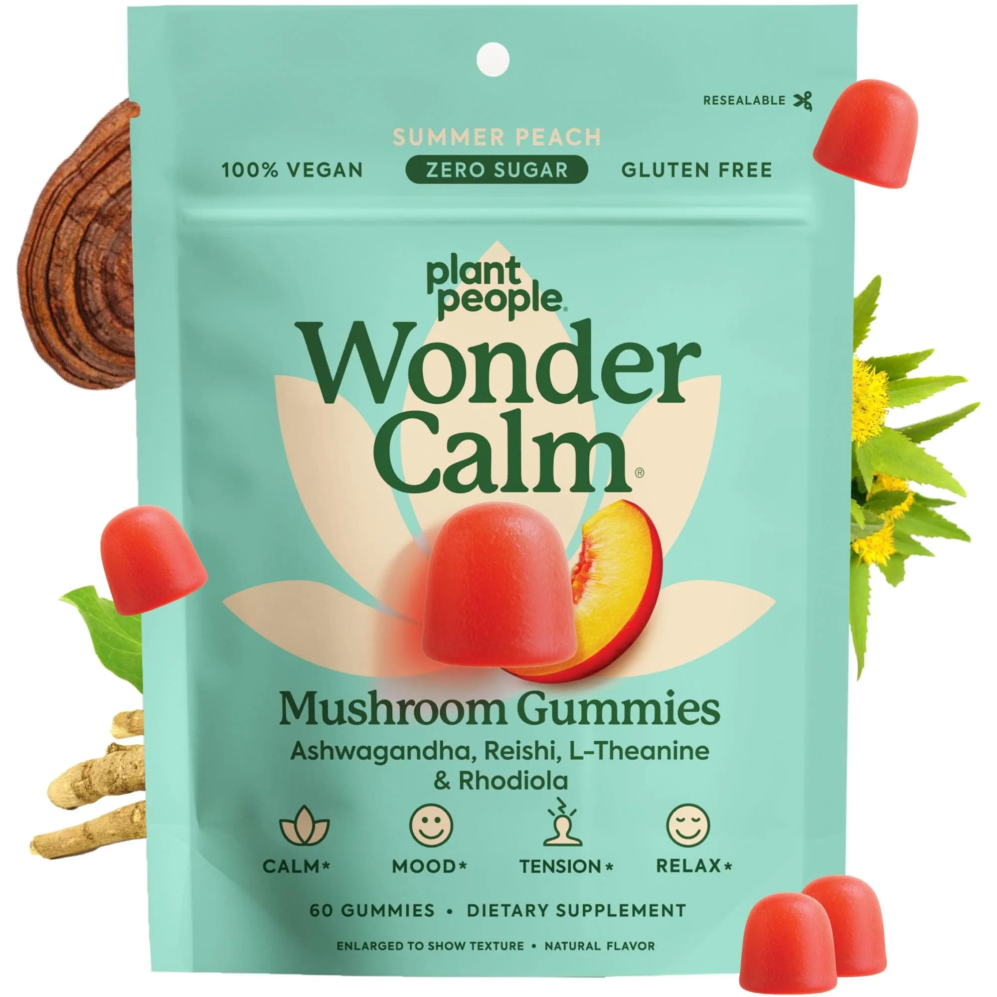 Plant People WonderCalm Mushroom & Ashwagandha Gummies, Peach Flavor 60ct | Support Calm & Well-Being - main product image
