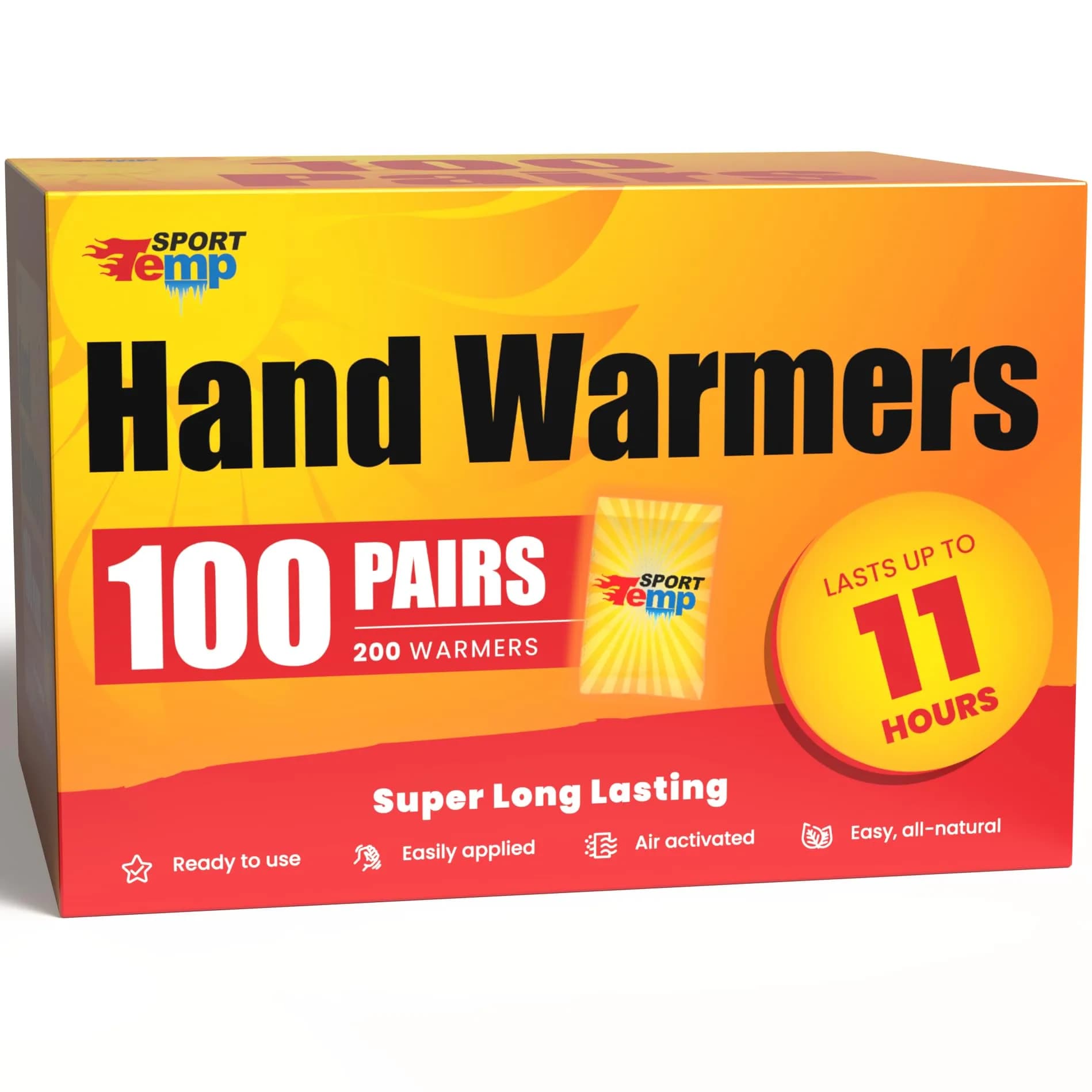Sport Temp Air Activated Hand Warmers 100 Pairs (200 Count) | Up to 11 Hours of Heat for Body, Hands & Toes