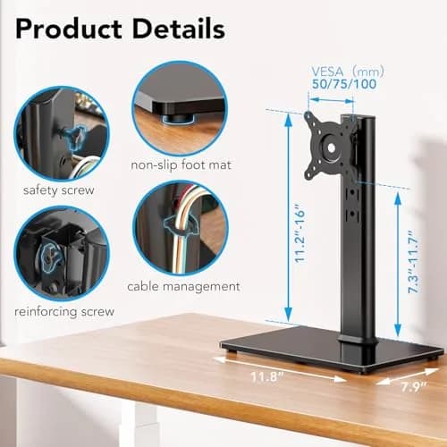 AX WABER Single Monitor Desk Stand 13-32 inch | Freestanding VESA Mount with Adjustable Height, Tilt, Swivel, Rotation thumbnail 7