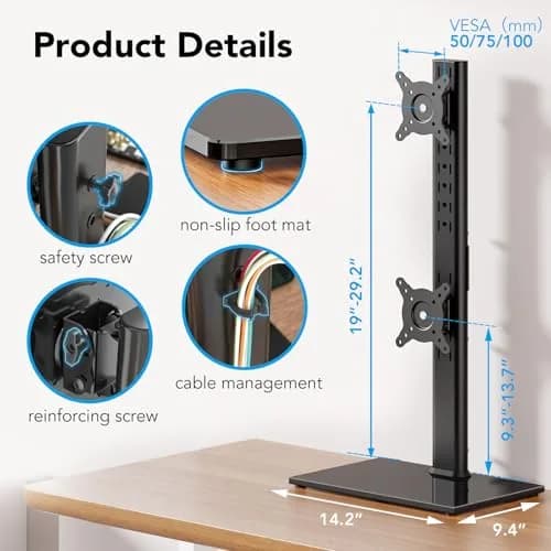 AX WABER Dual Monitor Stand Vertical Stack Screen Free-Standing Desk Mount Arm Riser Fits Two 13 to 34 Inch Computer Monitors with Swivel,Tilt, Height Adjustable,VESA Stand 100x100mm, 75x75mm thumbnail 6