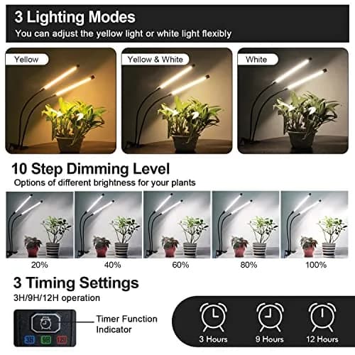 bseah Full Spectrum LED Grow Light for Indoor Plants, 2-Head 2-Pack with Timer & Dimmable, 10-Level Brightness, E27 Base thumbnail 2
