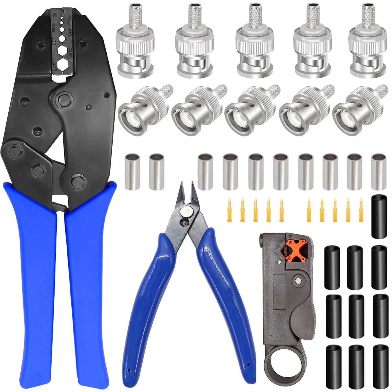 Taiss Coaxial Cable Tool Kit with BNC Crimp Tool & 10 Connectors | 0.715 kg (1.58 lb) Ratchet Crimper - main product image
