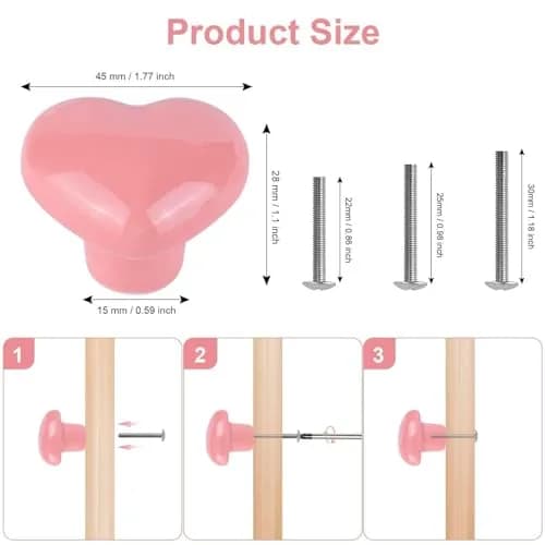 OctinPris Pink Heart Drawer Knobs 45mm (1.77") Ceramic | Set of 6 for Dressers & Cabinets thumbnail 2