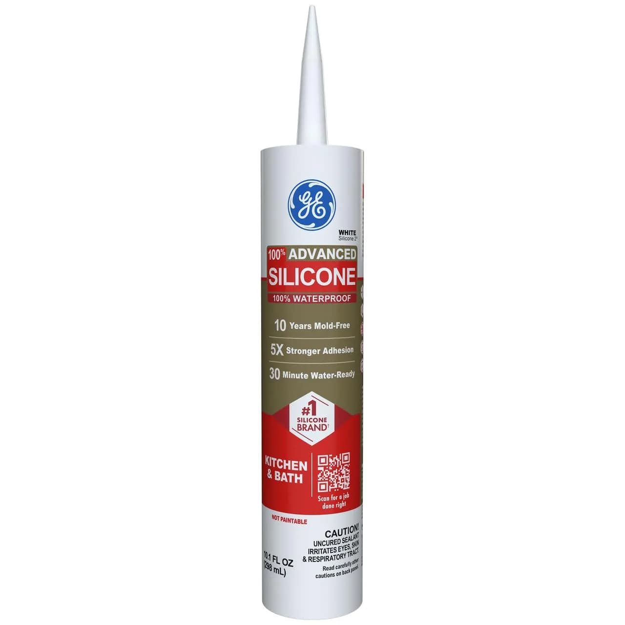 GE Advanced Silicone Caulk for Kitchen & Bathroom, White, 10.1 fl oz (300 ml) | 5X Stronger Adhesion, Waterproof Sealant - main product image