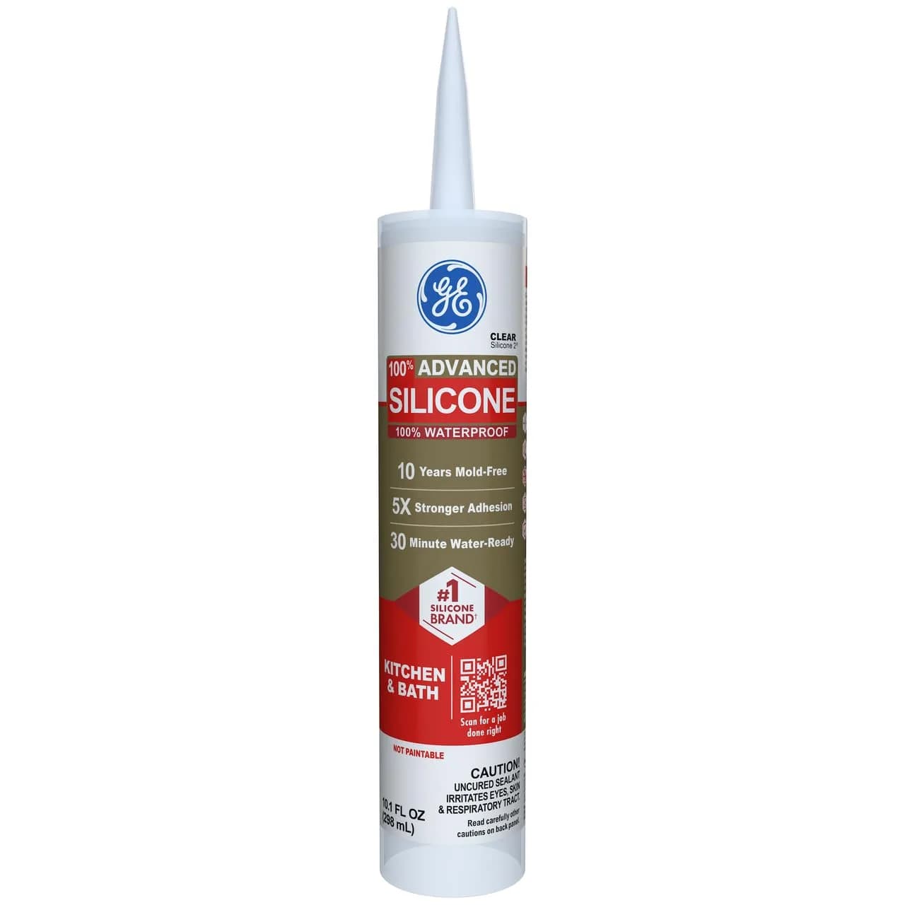 GE Advanced Silicone Caulk for Kitchen & Bathroom, Clear 295ml (10 fl oz) | 100% Waterproof Sealant