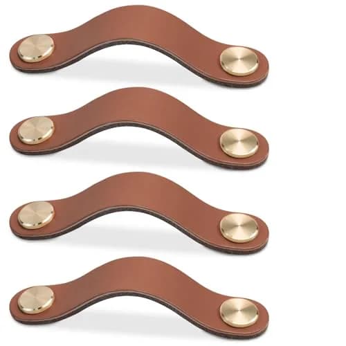 LEREATI Faux Leather Drawer Pulls Light Coffee Cabinet Handles 5 inch (128mm) Hole Center, 4 Pack | Rustic Modern Hardware thumbnail 1