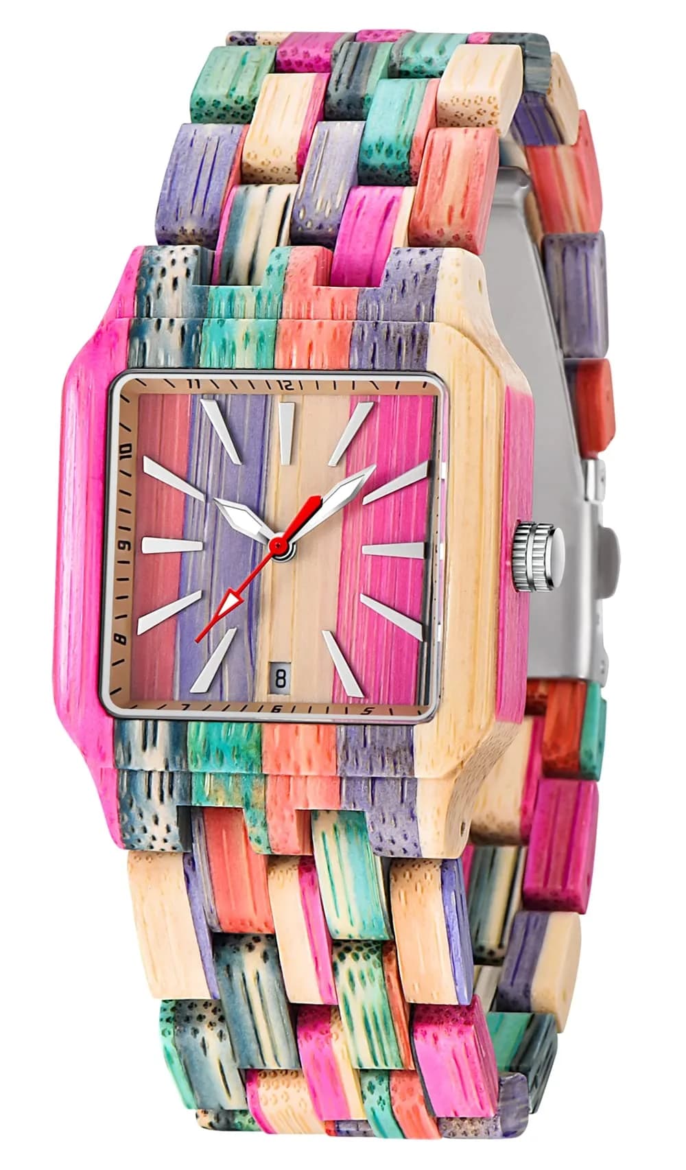 Dentily Handmade Wooden Bamboo Watch for Women, 25mm (1 inch) Case | Natural Wood Analog Quartz Wristwatch — pink&green