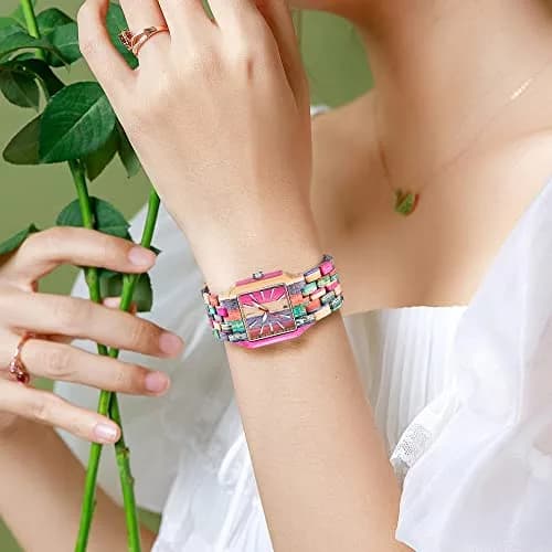 Dentily Women's Square Wood Watch Handmade Natural Wood Quartz Ladies Wristwatch with Multicolor Band | Adjustable Size thumbnail 7