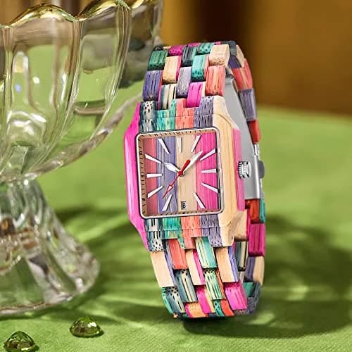 Dentily Women's Square Wood Watch Handmade Natural Wood Quartz Ladies Wristwatch with Multicolor Band | Adjustable Size thumbnail 2