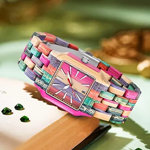 Dentily Women's Square Wood Watch Handmade Natural Wood Quartz Ladies Wristwatch with Multicolor Band | Adjustable Size thumbnail 3