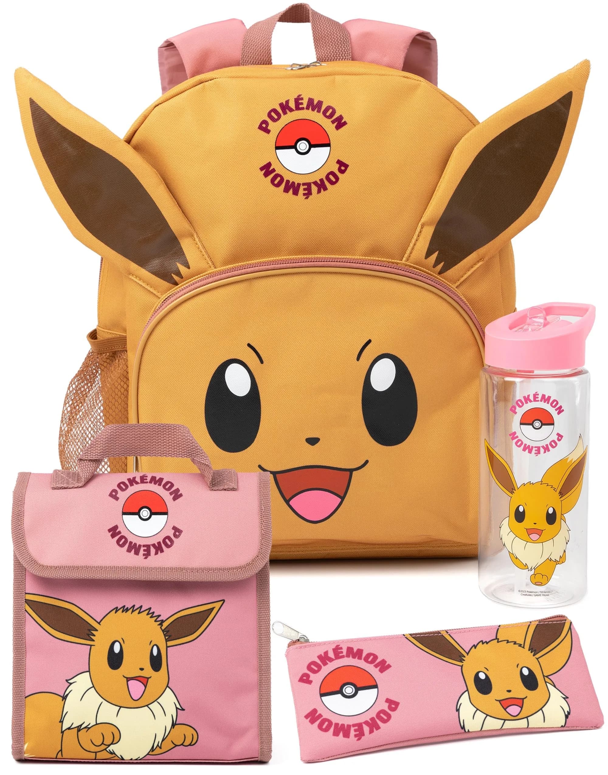 Pokémon Eevee Kids 4 Piece Backpack Set Brown Pink Rucksack Lunch Bag Pencil Case Water Bottle School Accessories Bundle - main product image