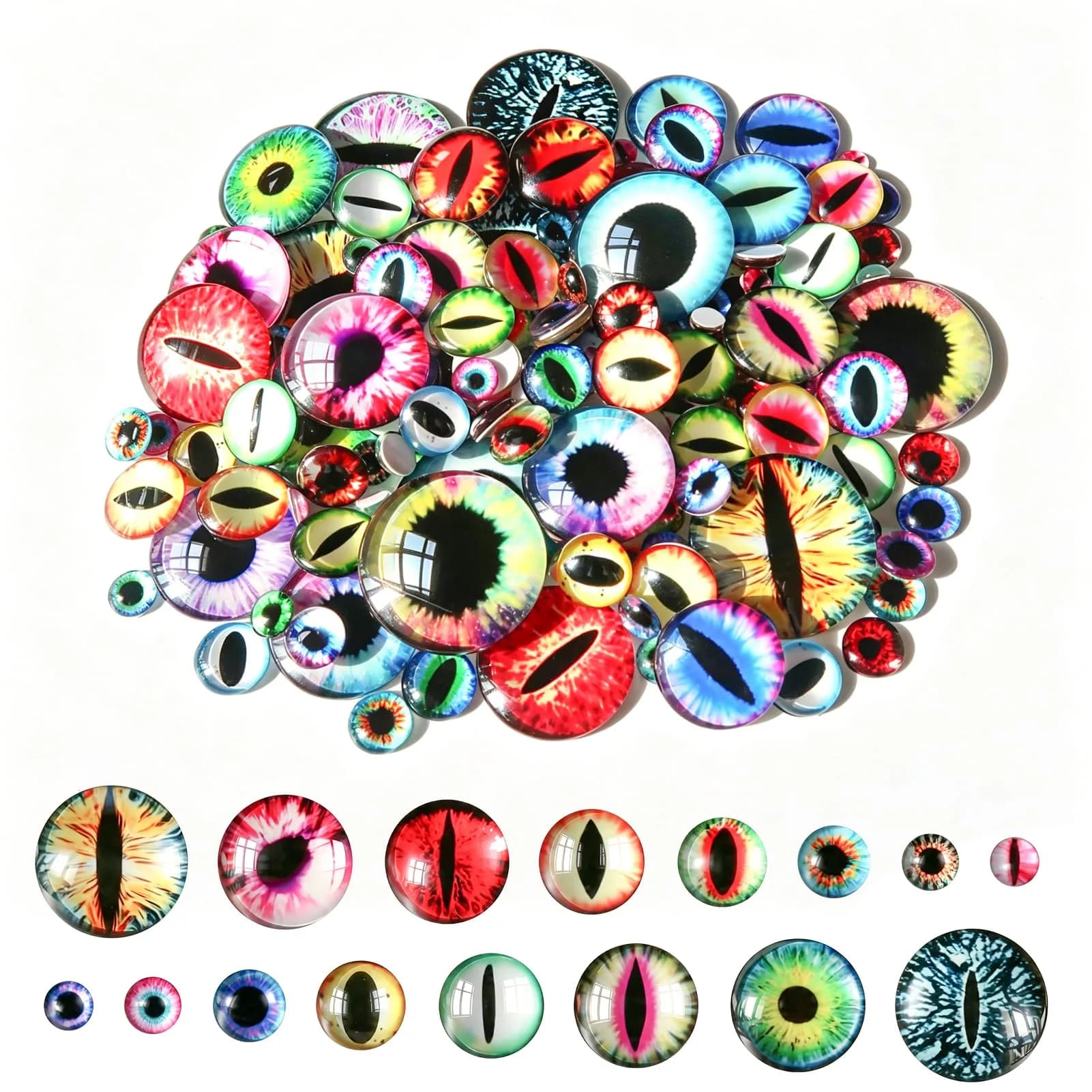 TOAOB 160pcs Assorted Glass Dragon Eyes 6-30mm | Flatback Craft Cabochons for Doll Making & Jewelry - main product image