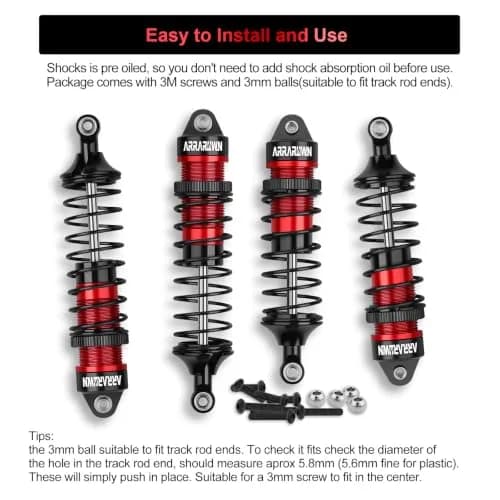 ARRAROWN 4PCS 1/10 RC Car Shocks Front & Rear Shock Absorber Set 100mm/90mm Front, 115mm/105mm Rear | CNC Machined Metal Upgrade Parts thumbnail 4