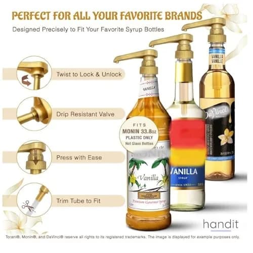 HANDIT Gold Coffee Syrup Pumps 750ml (25.4oz) 6-Pack | Fits Torani, DaVinci Plastic Bottles | Dispenses 8cc Per Pump thumbnail 2