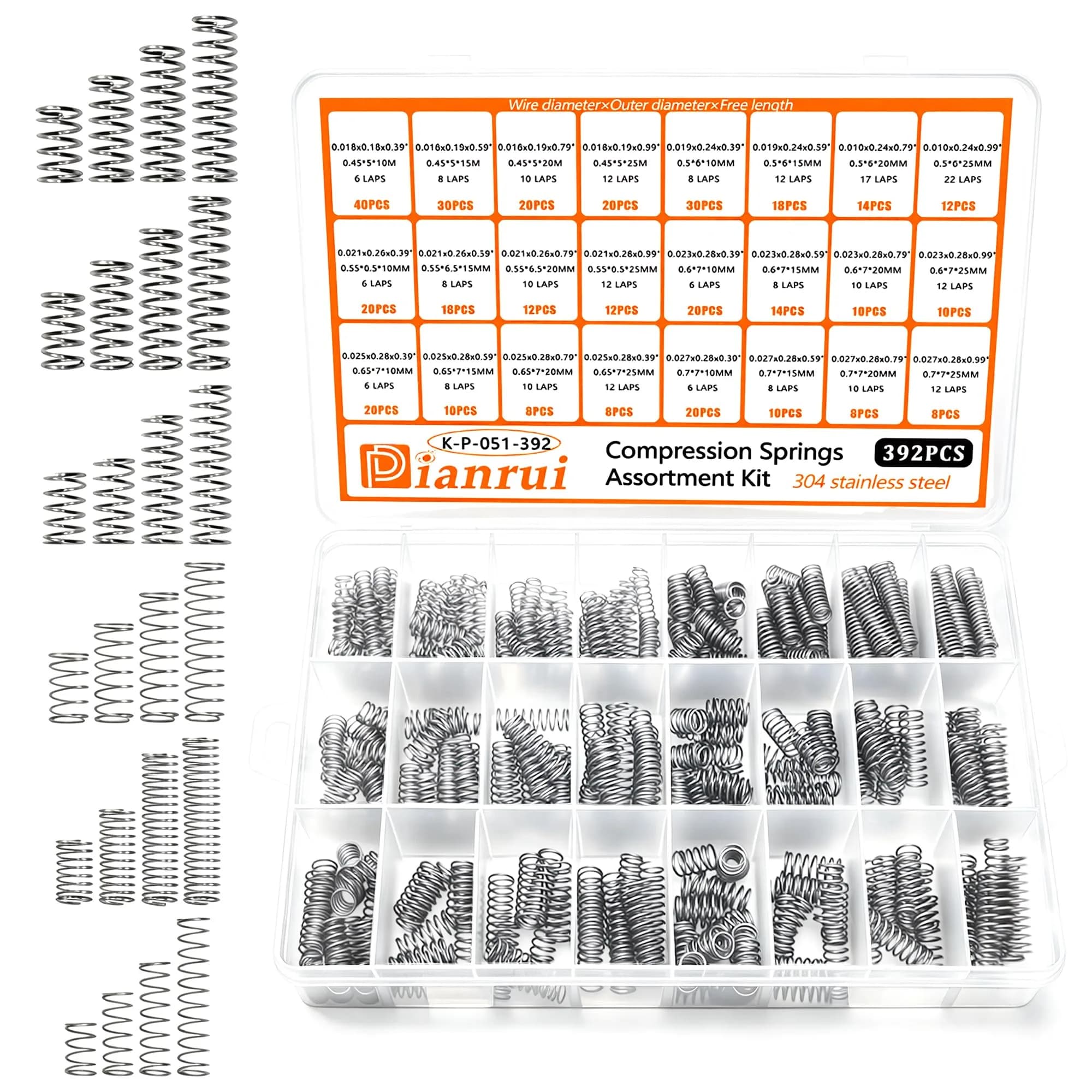 Dianrui Compression Springs Assortment Kit 392PCS | 24 Sizes Stainless Steel for DIY Repair