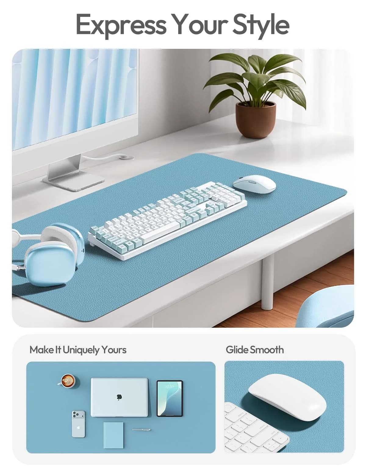 YSAGi Sea Blue PU Leather Desk Protector Mat, Large Mouse Pad, 35.4" x 17" | Protects Desk Surface, Waterproof Writing Pad