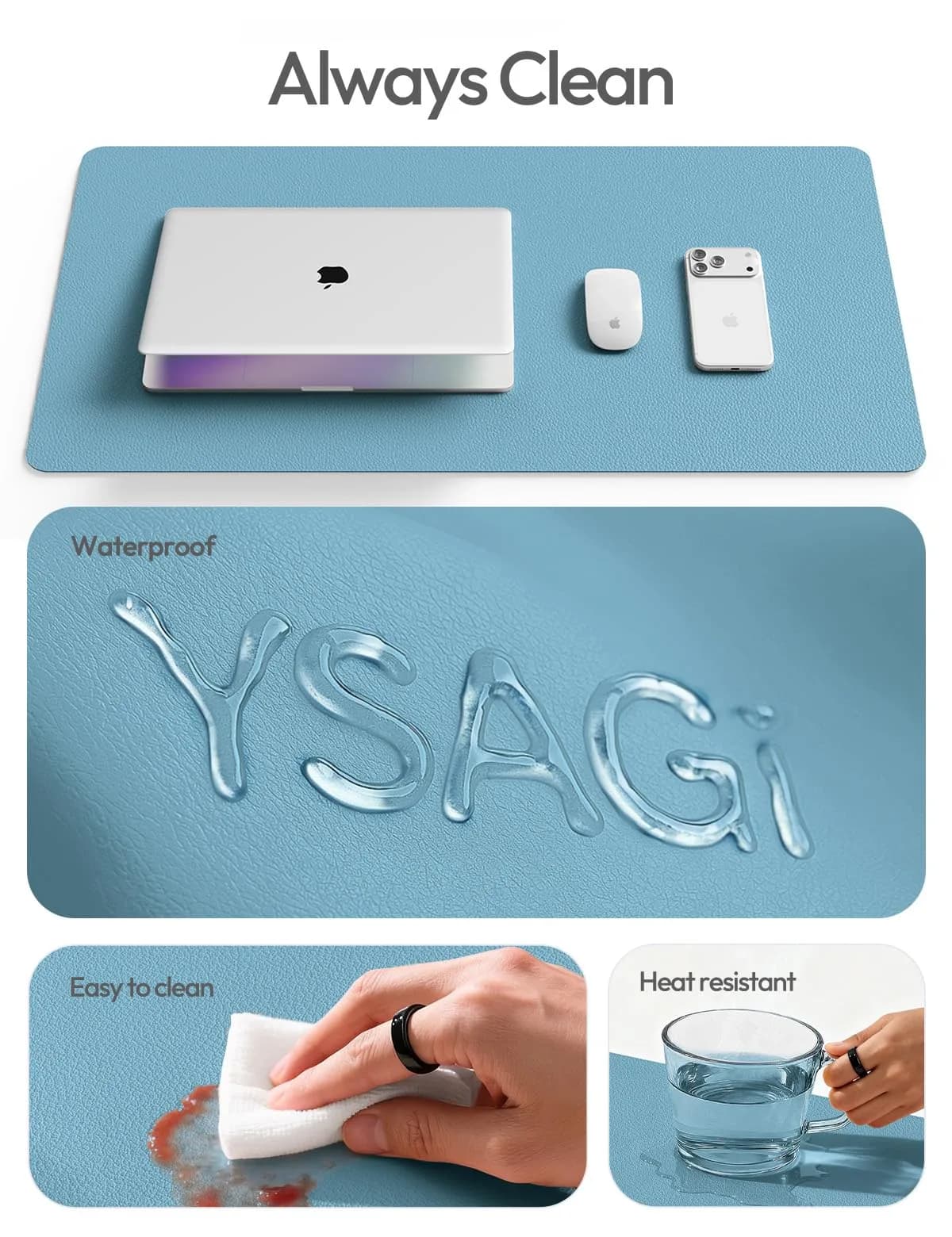 YSAGi Sea Blue PU Leather Desk Protector Mat, Large Mouse Pad, 35.4" x 17" | Protects Desk Surface, Waterproof Writing Pad thumbnail 6