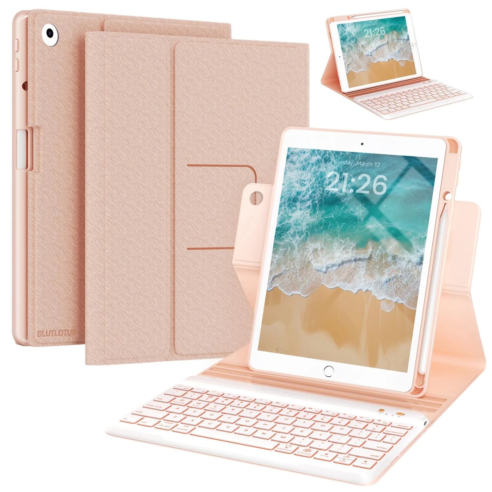 BLUTLOTUS Keyboard Case for iPad 5th/6th Gen 9.7 Inch | Wireless Backlit Detachable Keyboard — Pink / 360 Rotating for iPad 5th/6th/Air 2