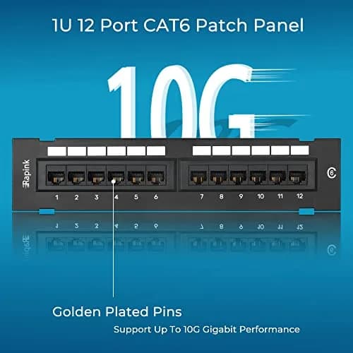Rapink 12-Port Cat6 Ethernet Patch Panel 10Gbps | 10-Inch Width, Gold-Plated RJ45 thumbnail 4