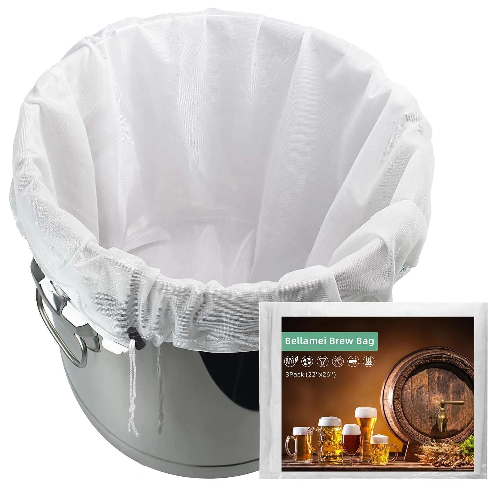 Bellamei Reusable Brew Bag 3 Pack 56cm x 66cm (22"x26") 250 Micron Fine Mesh for Beer Brewing — 22"×26"