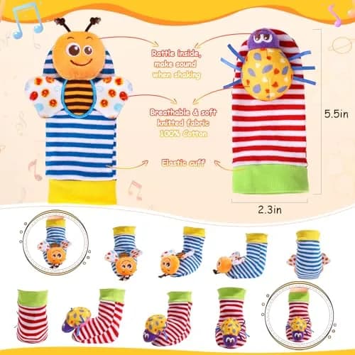 PADONISE Baby Wrist Rattle Socks and Foot Finder Set | Soft, Safe & Stimulating Baby Toys thumbnail 3