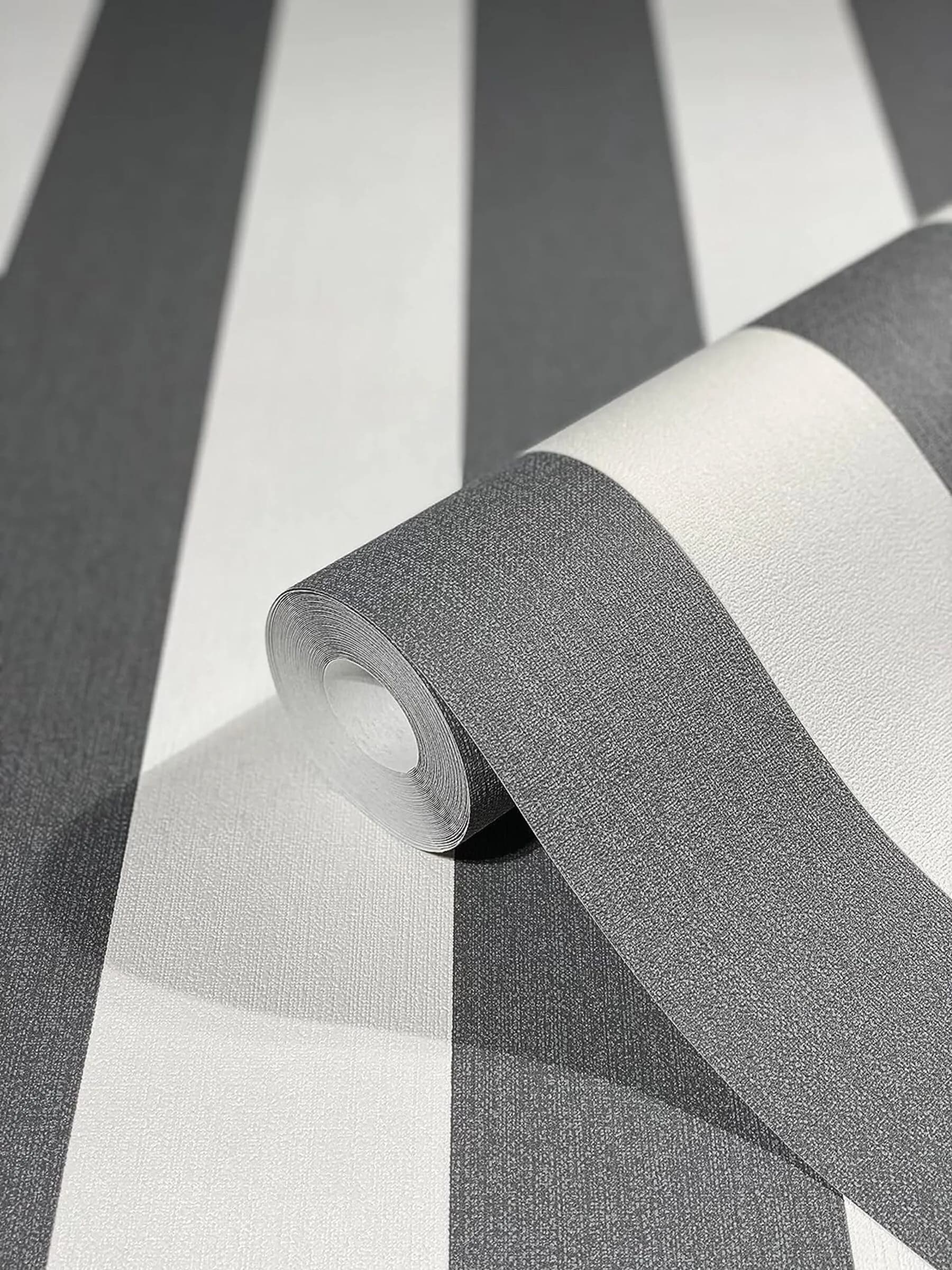 WALLCOVER Non-Woven Wallpaper Grey Stripes 10.05 x 0.53 m | Modern Block Stripe Design for Home & Office — Black and White Contrast