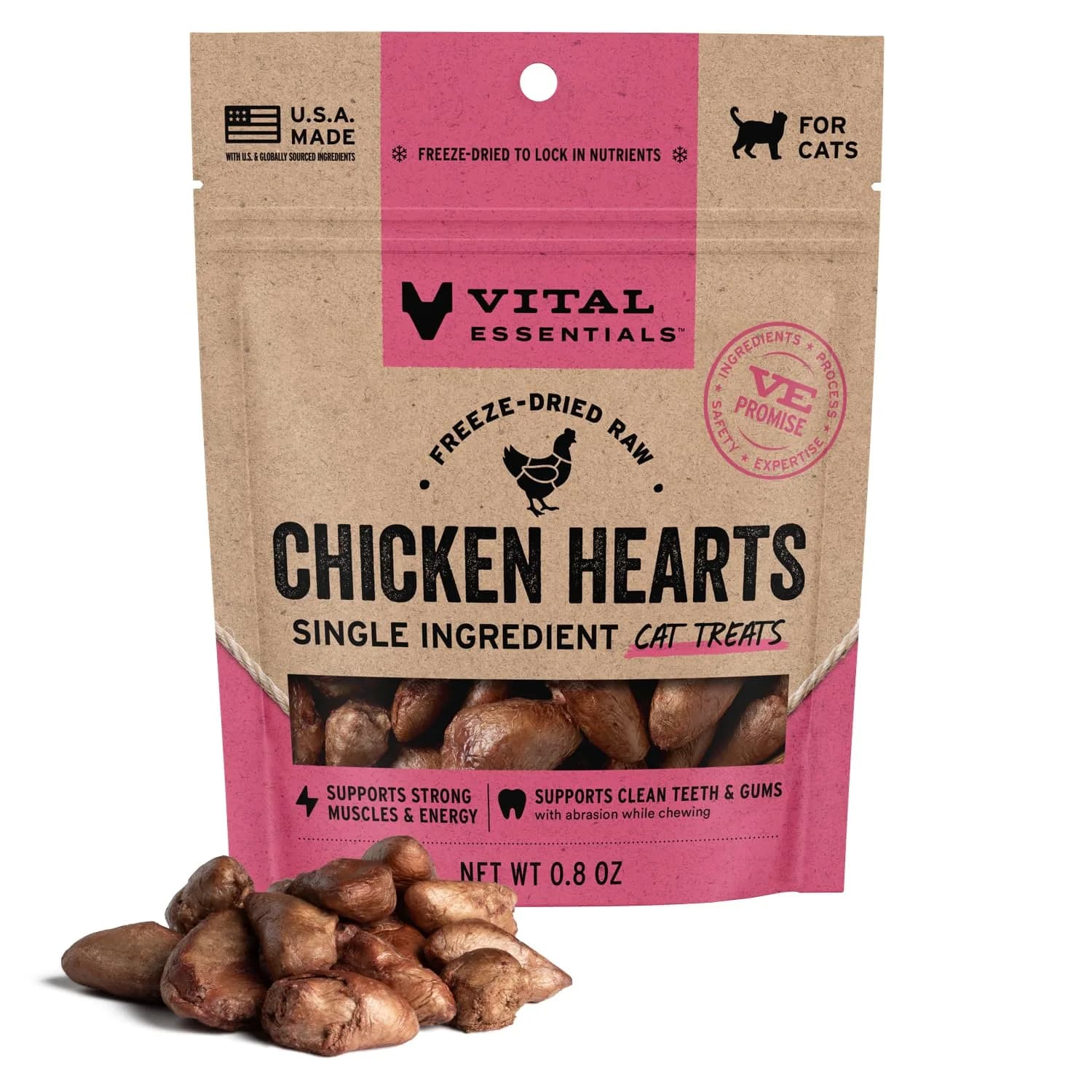 Vital Essentials Freeze Dried Raw Chicken Hearts Cat Treats 0.8 oz (22.7 g) | High Protein Single Ingredient Snack - main product image
