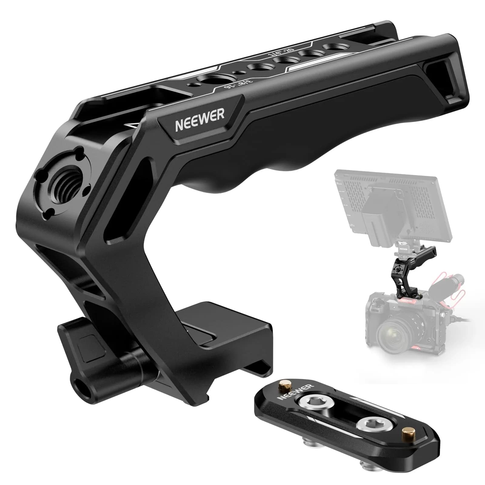 NEEWER Top Handle and NATO Rail Kit, Comfort Silicone Grip with Quick Release NATO Clamp, 3 Cold Shoes and 1/4" 3/8" ARRI Threads, CA008 | Compatible with SmallRig Camera Cage - main product image