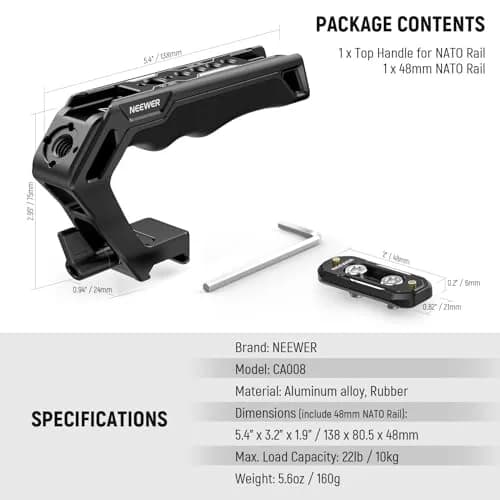 NEEWER Top Handle and NATO Rail Kit, Comfort Silicone Grip with Quick Release NATO Clamp, 3 Cold Shoes and 1/4" 3/8" ARRI Threads, CA008 | Compatible with SmallRig Camera Cage thumbnail 9