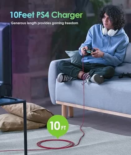 6amLifestyle Red 2 Pack 10ft USB to Micro USB Charging Cable | Braided Nylon Cord for PS4 Controllers thumbnail 2