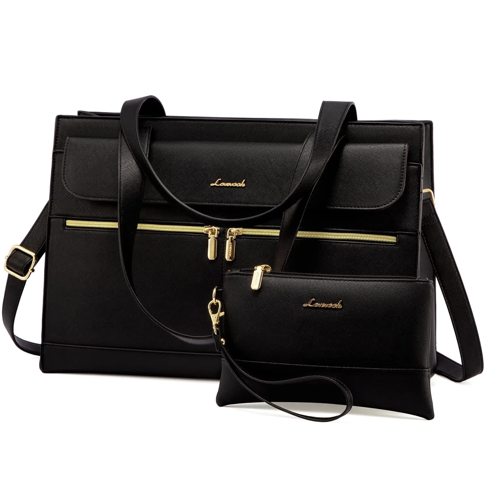 LOVEVOOK Women's Laptop Tote Bag 15.6 Inch | Professional Leather Briefcase with USB Port & Clutch — Black-2 / 15.6 Inch