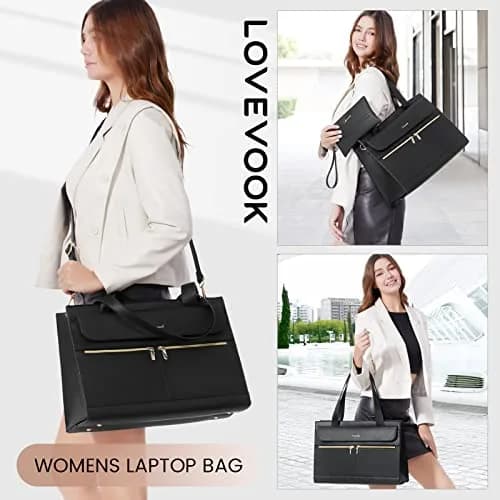 LOVEVOOK Laptop Tote Bag for Women - 15.6 Inch Professional PU Leather Briefcase | Waterproof, Large Capacity, Crossbody Purse - Black thumbnail 2