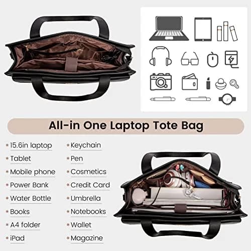 LOVEVOOK Laptop Tote Bag for Women - 15.6 Inch Professional PU Leather Briefcase | Waterproof, Large Capacity, Crossbody Purse - Black thumbnail 3