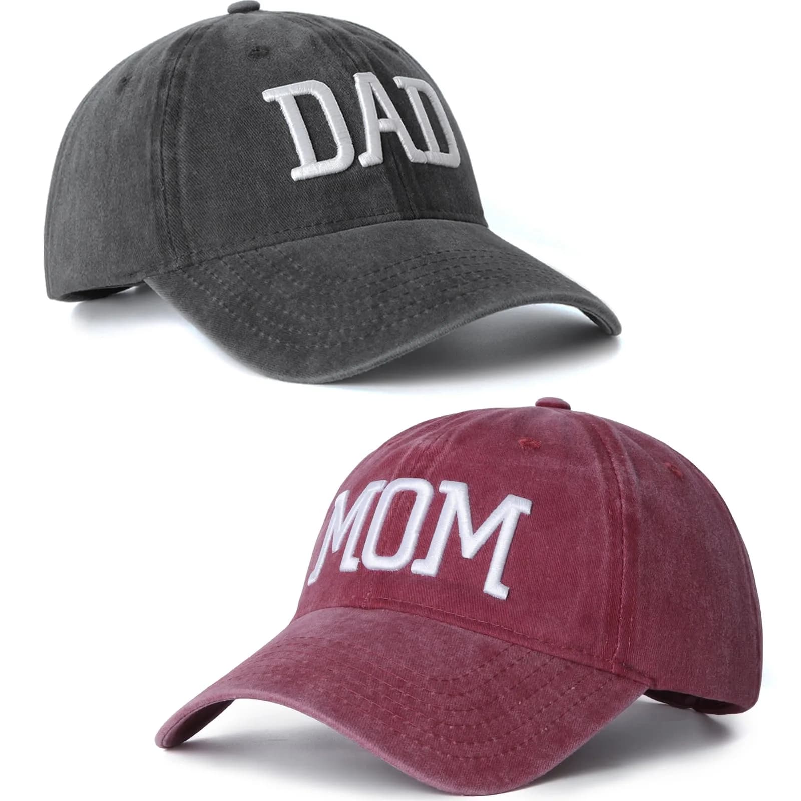 Aeonda Mom and Dad Hats Set of 2 Pcs Adjustable Washed Cotton 3D Embroidered Baseball Caps | Black Red — Black Dad Hat and Red Mom Hat