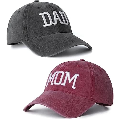 Aeonda Mom and Dad Hats Set of 2 Pcs Adjustable Washed Cotton 3D Embroidered Baseball Caps | Black Red thumbnail 1