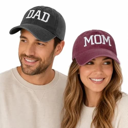 Aeonda Mom and Dad Hats Set of 2 Pcs Adjustable Washed Cotton 3D Embroidered Baseball Caps | Black Red thumbnail 2