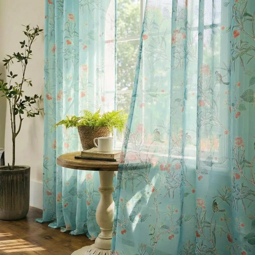 XTMYI Sage Green Floral Curtains 213 cm (84 Inches) Long | French Country Bird Botanical Pattern Voile Panels Set — Blue / 52"W x 84"L