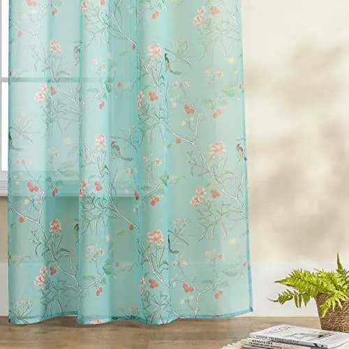 XTMYI Turquoise Aqua Blue Coastal Sheer Curtains 168cm x 213cm (52"W x 84"L) | Botanical Floral Printed Grandmillennial Home Decor Summer Window Panel thumbnail 7