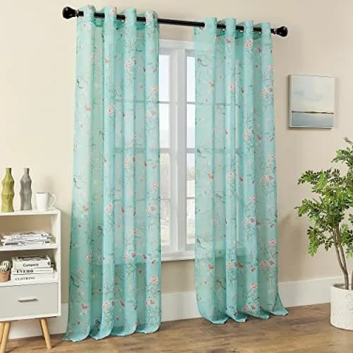 XTMYI Turquoise Aqua Blue Coastal Sheer Curtains 168cm x 213cm (52"W x 84"L) | Botanical Floral Printed Grandmillennial Home Decor Summer Window Panel thumbnail 8