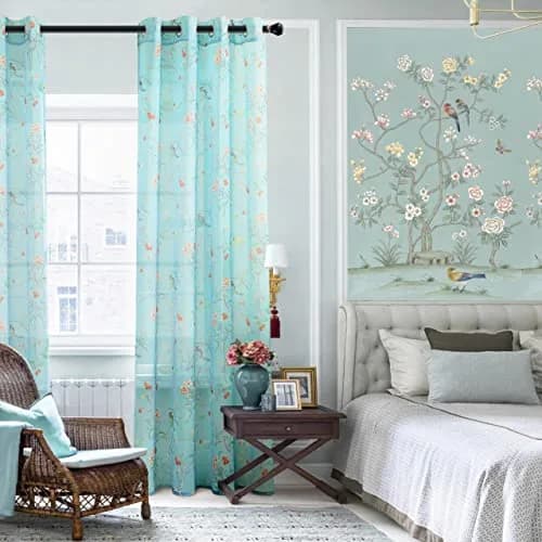XTMYI Turquoise Aqua Blue Coastal Sheer Curtains 168cm x 213cm (52"W x 84"L) | Botanical Floral Printed Grandmillennial Home Decor Summer Window Panel thumbnail 3