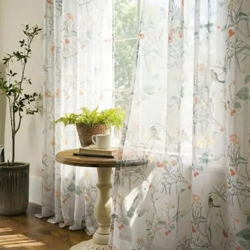 XTMYI White Sheer Floral Curtains 84 Inches Long (213 cm) | Vintage Floral Bird Cottage Core Design, 2 Panels thumbnail 1