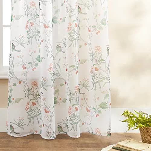 XTMYI White Sheer Floral Curtains 84 Inches Long (213 cm) | Vintage Floral Bird Cottage Core Design, 2 Panels thumbnail 8