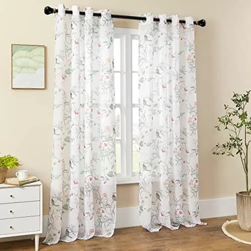 XTMYI White Sheer Floral Curtains 84 Inches Long (213 cm) | Vintage Floral Bird Cottage Core Design, 2 Panels thumbnail 9