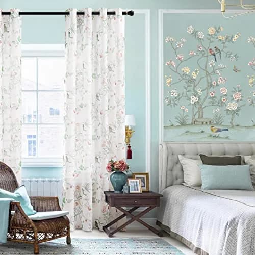 XTMYI White Sheer Floral Curtains 84 Inches Long (213 cm) | Vintage Floral Bird Cottage Core Design, 2 Panels thumbnail 2