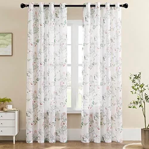 XTMYI White Sheer Floral Curtains 84 Inches Long (213 cm) | Vintage Floral Bird Cottage Core Design, 2 Panels thumbnail 3