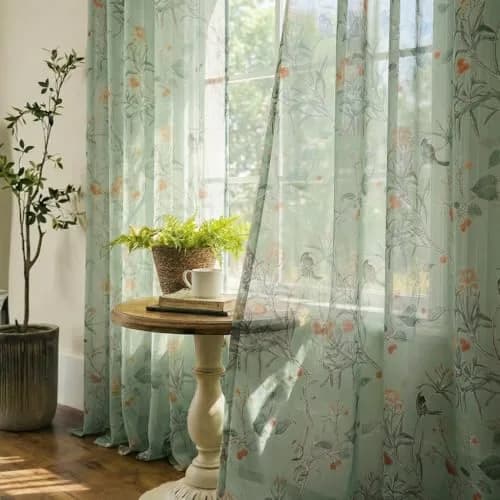 XTMYI Sage Green Floral Curtains 213 cm (84 Inches) Long | French Country Bird Botanical Pattern Voile Panels Set thumbnail 1